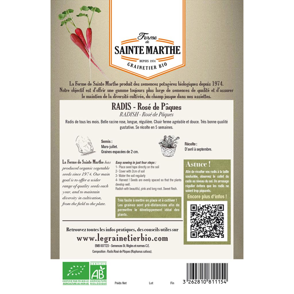 Carte ruban de Radis Rosé de Pâques Bio - Ferme de Sainte Marthe