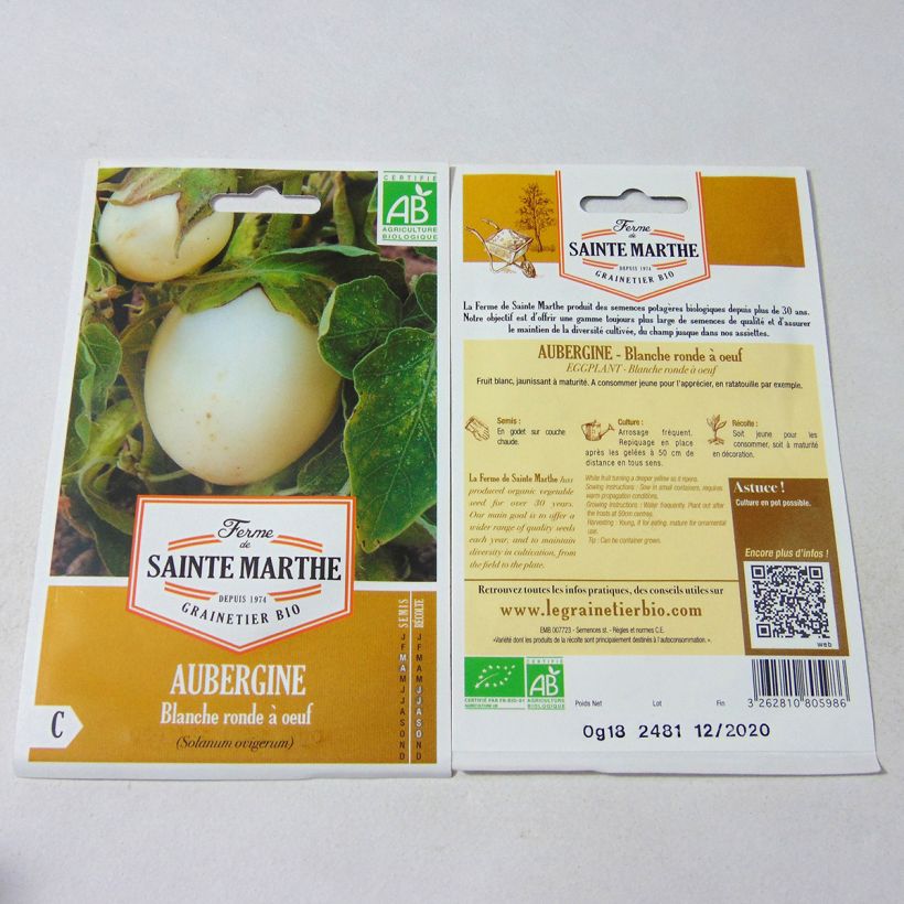 Ejemplo de ejemplar de Aubergine Blanche Ronde à Oeuf - Bio - Ferme de Sainte Marthe Graines tal y como se entrega