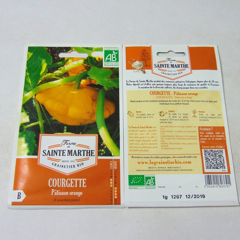 Ejemplo de ejemplar de Calabaza bonetera Pâtisson Orange Bio - Ferme de Sainte Marthe saco de 10 semillas (1g) tal y como se entrega