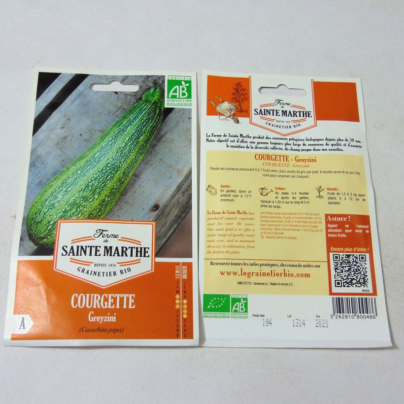 Ejemplo de ejemplar de Courgette Greyzini Bio - Ferme de Sainte Marthe Graines tal y como se entrega