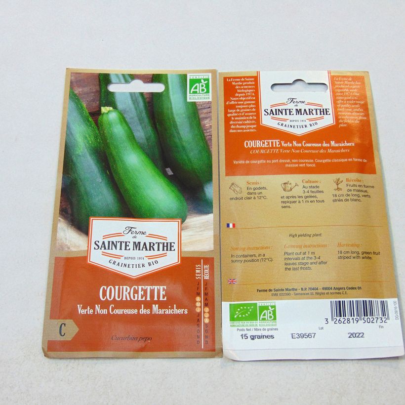 Ejemplo de ejemplar de Courgette Verte non coureuse des maraîchers Bio - Ferme de Sainte Marthe Graines tal y como se entrega