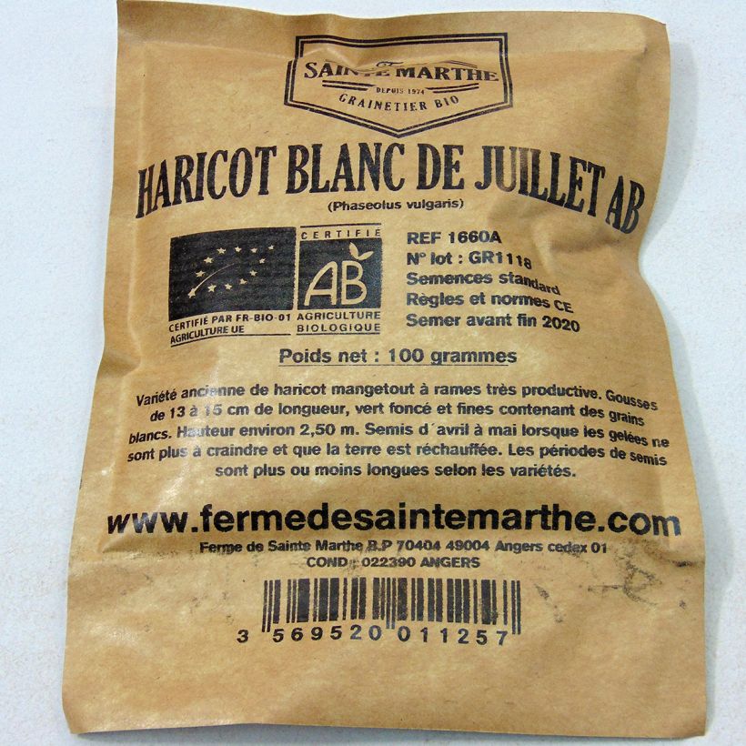 Ejemplo de ejemplar de Haricot à rames mangetout Blanc de Juillet Bio - Ferme de Sainte Marthe Graines tal y como se entrega