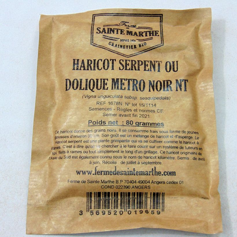 Ejemplo de ejemplar de Haricot serpent ou Dolique Metro noir NT - Ferme de Sainte Marthe Graines tal y como se entrega