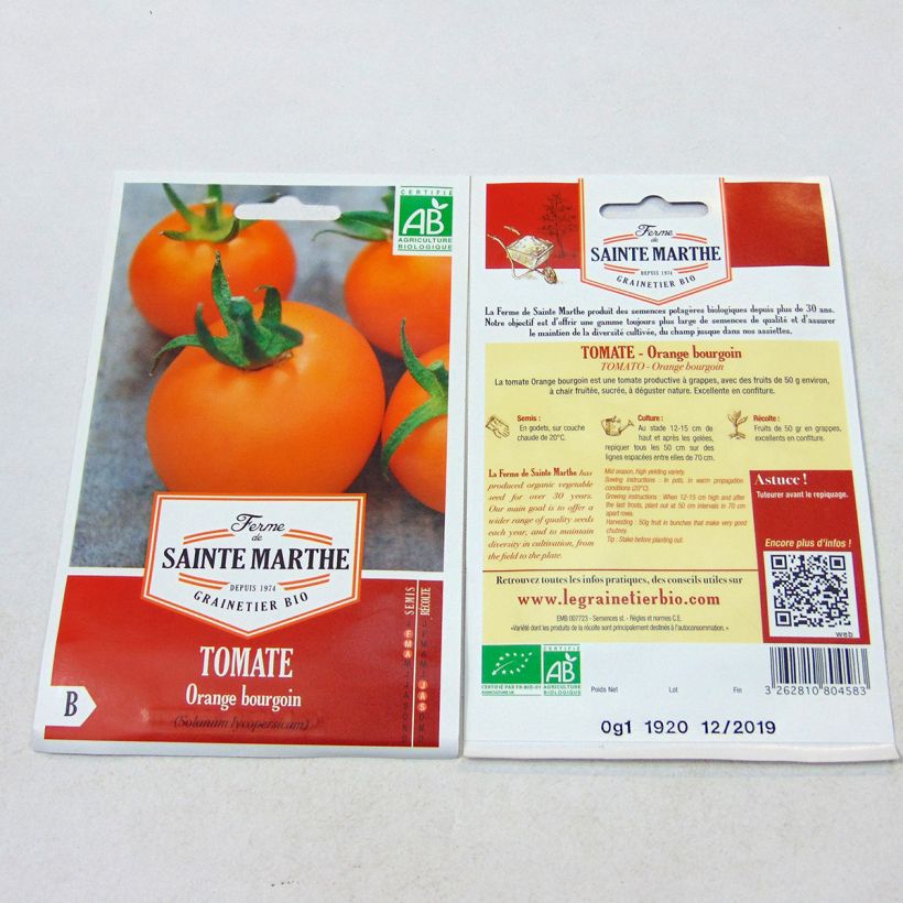 Ejemplo de ejemplar de Tomate Orange Bourgoin Bio - Ferme de Sainte Marthe Graines tal y como se entrega