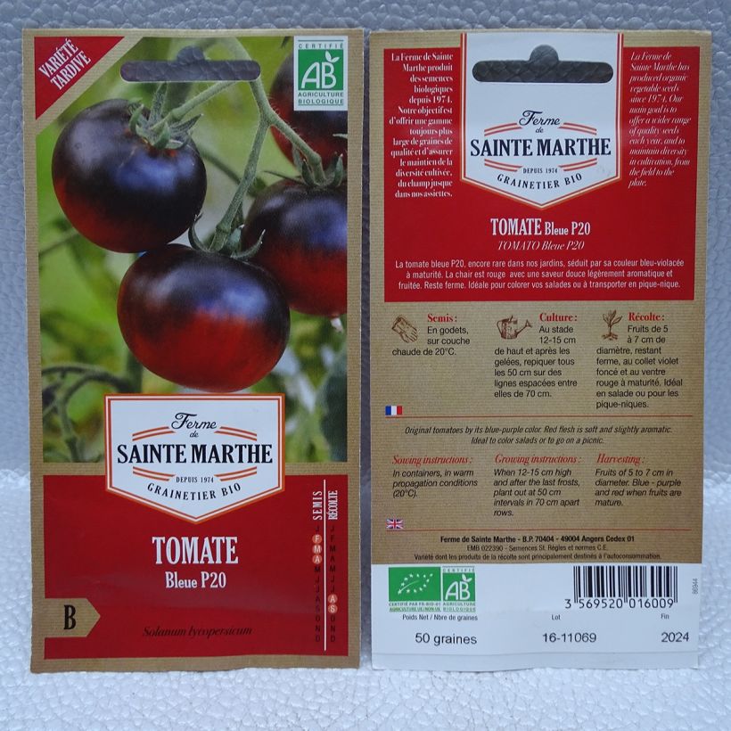 Ejemplo de ejemplar de Tomate Osu Blue P20 ou Bleue P20 Bio - Ferme de Sainte Marthe Graines tal y como se entrega